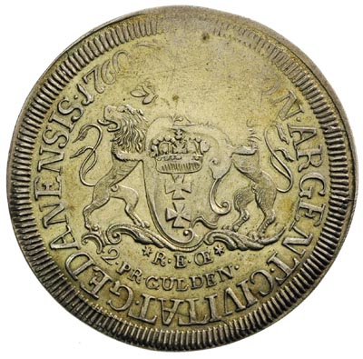 dwuzłotówka (2 guldeny) 1760, Gdańsk, 15.56 g, H-Cz. 2936 R3, T.25, nowe bicie, moneta wybita w XIX wieku popękanym stemplem, ładnie zachowana z patyną w zielonkawym odcieniu, rzadka