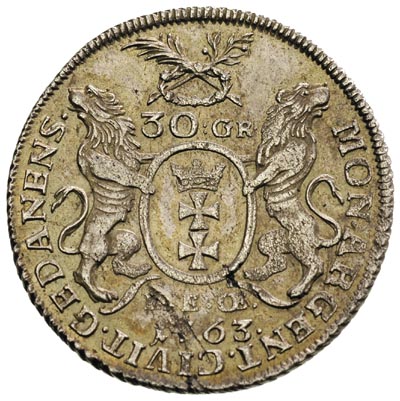 złotówka (30 groszy) 1763, Gdańsk, mała wada blachy, ale moneta z ładnym połyskiem menniczym, delikatna patyna