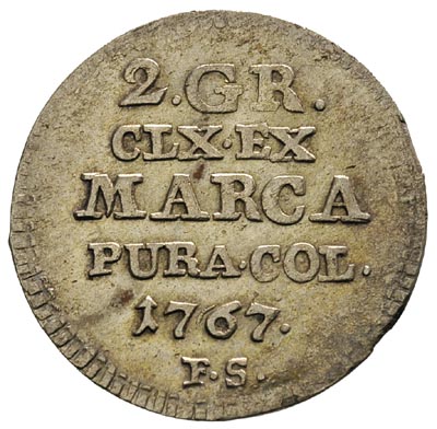 2 grosze srebrne (półzłotek) 1767, Warszawa, tarcza herbowa zwężona u dołu, Plage 245, delikatna patyna