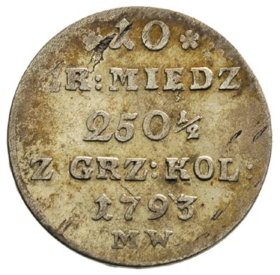 10 groszy miedzianych 1793, Warszawa, Plage 239, wada blachy na rewersie, ale ładnie zachowana moneta