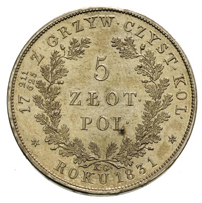 5 złotych 1831, Warszawa, Plage 272, ale odmiana bez kreski ułamkowej, bardzo rzadkie