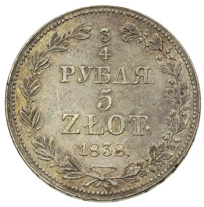 3/4 rubla = 5 złotych 1838, Warszawa, po 5. kępce liści 3 jagódki, Plage 361, Bitkin 1144, patyna