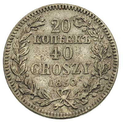 20 kopiejek = 40 groszy 1850, Warszawa, wiązanie bez żołędzi, Plage 397, Bitkin 1263, patyna