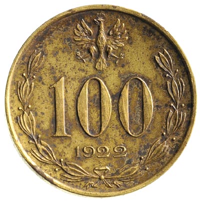 100 bez nazwy (marek) 1922, Józef Piłsudski, mosiądz 6.21 g, Parchimowicz P.166.c, wybito 10 sztuk, moneta z 8. aukcji WCN, bardzo rzadka i efektowna moneta, nierównomierna patyna