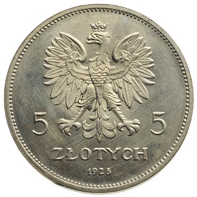 5 złotych 1928, Bruksela, Nike, Próba z napisem ESSAI, nikiel 15.31 g, Parchimowicz P.142.e, nakład nieznany, moneta z 9. aukcji WCN