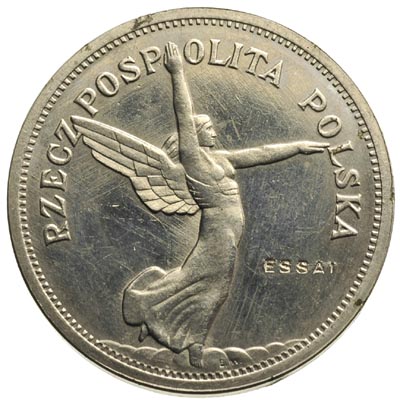 5 złotych 1928, Bruksela, Nike, Próba z napisem ESSAI, nikiel 15.31 g, Parchimowicz P.142.e, nakład nieznany, moneta z 9. aukcji WCN