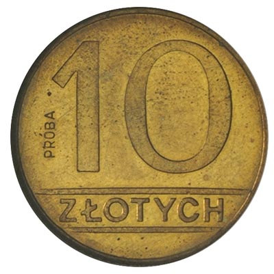 10 złotych 1989, Warszawa, na rewersie wypukły napis PRÓBA, mosiądz, Parchimowicz P.288.b, moneta w pudełku NGC z certyfikatem MS 63