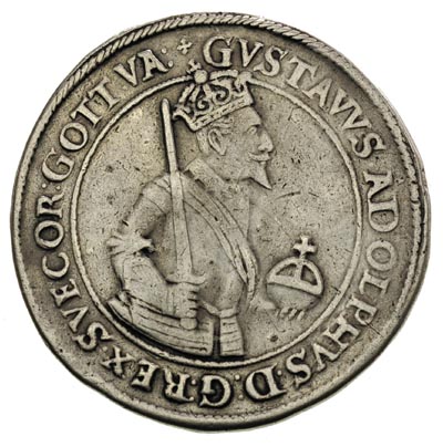 Gustaw Adolf 1621-1632, talar 1629, Ryga, Aw: Półpostać króla w prawo i napis wokoło, Rw: Herb Rygi i napis wokoło, 28.30 g, Ahlström 2, Dav. 4587, bardzo rzadki, moneta po naprawie