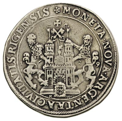Gustaw Adolf 1621-1632, talar 1629, Ryga, Aw: Półpostać króla w prawo i napis wokoło, Rw: Herb Rygi i napis wokoło, 28.30 g, Ahlström 2, Dav. 4587, bardzo rzadki, moneta po naprawie