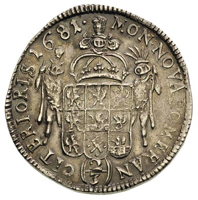 2/3 talara (gulden) 1681, Szczecin, Ahlström 92.a, Dav. 764, minimalny ślad po zawieszce, ale ładnie zachowane, ciemna patyna