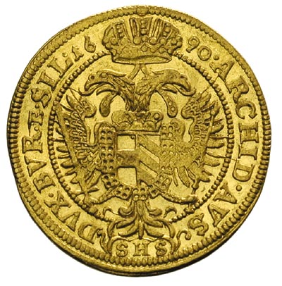 dukat 1690 SHS, Wrocław, złoto 3.44 g, F.u.S. 568, Herinek 308, Fr. 277, lekko gięty, ale ładnie zachowany i rzadki