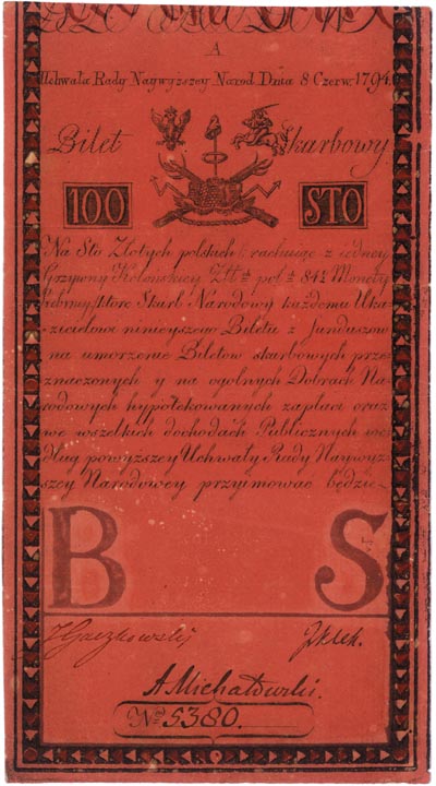 100 złotych 8.06.1794, seria A, Miłczak A5, Lucow 33 (R4)