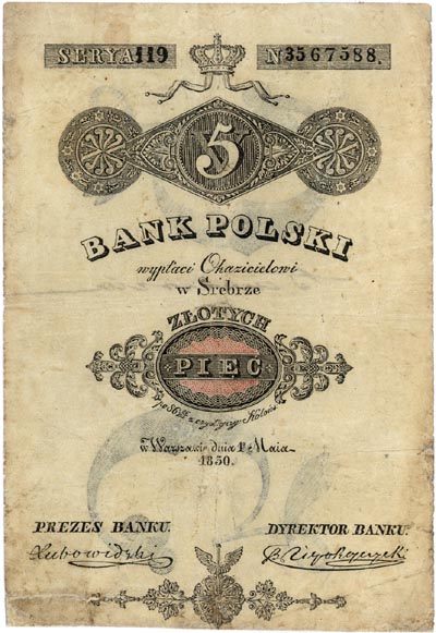 5 złotych 1.05.1830, podpisy: Lubowidzki i Niepokoyczycki, seria 119, numeracja 3567588, Miłczak A19b, Lucow 125 (R5), bardzo ładnie zachowane jak na ten typ banknotu, bardzo rzadkie