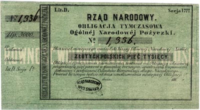obligacja tymczasowa na 5.000 złotych 186., z numeracją i owalnym stemplem Rządu Narodowego, Lucow 213 (R4), Moczydłowski S7, ładnie zachowana
