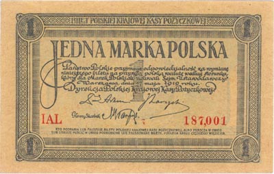 1 marka polska 17.05.1919, seria I AL, Miłczak 19b, Lucow 325, piękna