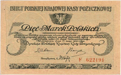 5 marek polskich 17.05.1919, seria F, Miłczak 20b, Lucow 328 (R2), ale nie notuje serii F, bardzo ładnie zachowane