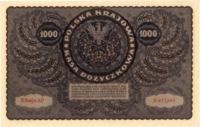 1.000 marek polskich 23.08.1919, II Serja AP, Miłczak 29d, Lucow 406 (R1), ale nie notuje tej serii, pięknie zachowane