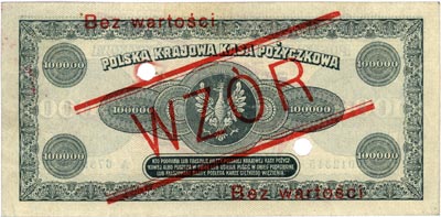 100.000 marek polskich 30.08.1923, WZÓR dwukrotnie perforowany, seria A 0012345 - A 6789000, Miłczak 35, Lucow 432a (R5), rzadkie