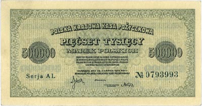 500.000 marek polskich 30.08.1923, seria AL, Miłczak 36k, Lucow 448 (R5), ale nie notuje tej serii, pięknie zachowane
