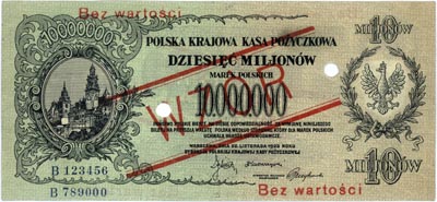 10.000.000 marek polskich 20.11.1923, WZÓR dwukrotnie perforowany, seria B 123456 B 789000, Miłczak 39a, Lucow 457b (R6), rzadkie