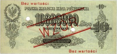 10.000.000 marek polskich 20.11.1923, WZÓR dwukrotnie perforowany, seria B 123456 B 789000, Miłczak 39a, Lucow 457b (R6), rzadkie