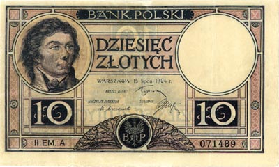 10 złotych 15.07.1924, II Emisja A, Miłczak 58a, Lucow 606 (R6), lewy i górny margines przycięte, banknot po fachowej konserwacji, ale z ładną prezencją, bardzo rzadkie