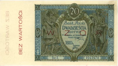 20 złotych 1.03.1926, WZÓR, seria S. 0245678, Miłczak 63a, Lucow 628 (R6), rzadkie i bardzo ładnie zachowane