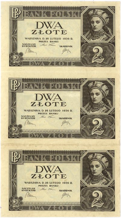 2 złote 26.02.1936, trzy nierozcięte banknoty, bez oznaczenia serii i numeracji, bez poddruku, Miłczak 75b, Lucow 682.a (R3), bardzo ładnie zachowane