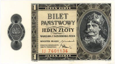 1 złoty 1.10.1938, seria I J, Miłczak 78b, Lucow 719 (R3), wyśmienicie zachowane
