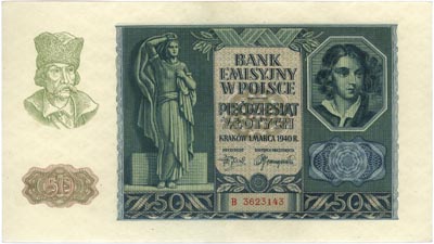 50 złotych 1.03.1940, seria B, Miłczak 96, Lucow 790 (R4)