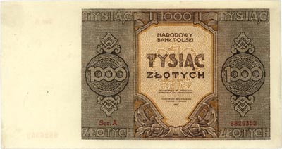 1.000 złotych 1945, seria A, Miłczak 120a, na górnym marginesie delikatny ślad po odklejeniu