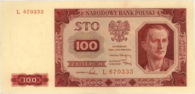 100 złotych 1.07.1948, seria L, Miłczak 139a, piękne, rzadkie w tym stanie zachowania