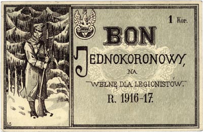 1 korona 1916-1917, bon na wełnę dla legionistów, na odwrocie stempel N.K.N. / Naczelny Zarząd Ligi Kobiet / Kraków, Lucow str. 318 nr 2