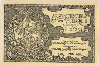 Polski Skarb Wojskowy, bony na 5 złotych = 75 kopiejek oraz 20 złotych = 3 ruble, 1916, Lucow 493 R2, 495 R4, łącznie 2 sztuki