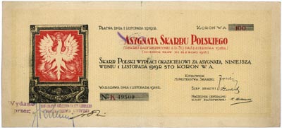 asygnata Skarbu Polskiego na 100 koron, płatna do 1.11.1919, seria K, Lucow 536 (R3), pieczęcie i podpisy wystawcy, na stronie odwrotnej pieczęć o opłaceniu procentów