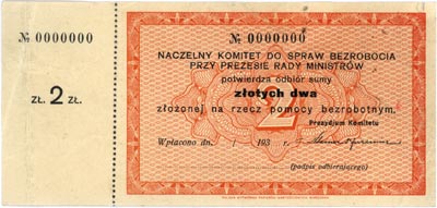 asygnata Narodowego Komitetu Do Spraw Bezrobocia na 2 złote (1931 r), numeracja 0000000, czysty blankiet z kuponem, Lucow 730 (R8), bardzo rzadka