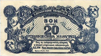 Bytom, Bytomskie Zjednoczenie Przemysłu Węglowego, bon na 20 złotych, grudzień 1945