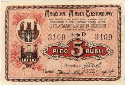 Częstochowa, 5 rubli 1915, seria D, Podczaski R-051-C-2d, piękne