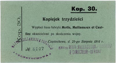 Częstochowa, Fabryka Motte, Meillassoux et Caulliez, bon na 30 kopiejek 21.08.1914, Podczaski R-054-A-4b, wyśmienity egzemplarz