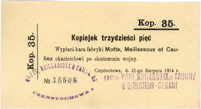 Częstochowa, Fabryka Motte, Meillassoux et Caulliez, bon na 35 kopiejek 21.08.1914, Podczaski R-054-A-5d, rzadki nominał, piękny egzemplarz
