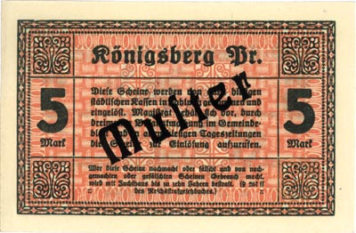 Królewiec, 5, 10 i 20 marek 26.10.1918, z nadrukiem \Muster, Geiger 287.02.M