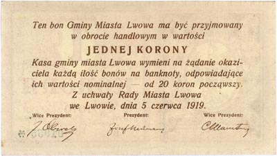 Lwów, 1 korona 5.06.1919, seria B, Podczaski G-2