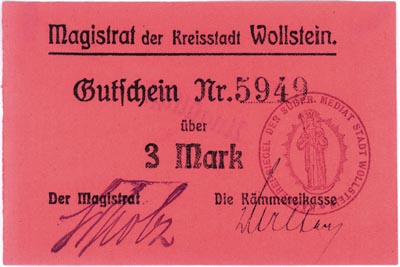 Wolsztyn, 3 marki (1914), nowodruk, na stronie odwrotnej pieczęć \Ungultig, Podczaski P-231-A2-4-a