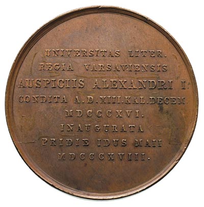 medal autorstwa K.Stuckharta na założenie Uniwersytetu Warszawskiego w 1816 roku, wybity w 1818 roku, Aw: Popiersia Aleksandra I i Minerwy zwróconne do siebie, u góry napis CAESARE FELIX, Rw: Napis poziomy w kilku wierszach UNIVERSITAS....., brąz 52 mm, H-Cz. 3522, Diakov 414.1 R2