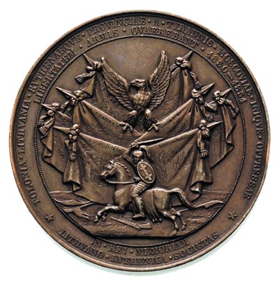 medal patriotyczny autorstwa Barre’a 1832 r., Aw: Nagi muskularny mężczyzna zrywa okowy i napis NUC OLIM .., Rw: Orzeł polski siedzący na sztandarach z herbami ziem wschodnich, niżej Pogoń i napis w otoku, miedź 51 mm, H-Cz. 3832 R3, rzadki, ładna patyna