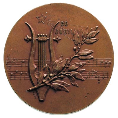 Fryderyk Chopin, medal autorstwa Wacława Szymanowskiego 1899 r., Aw: Głowa w prawo i napis w otoku, Rw: Lira na tle nut, skośnie gałązka, wyżej napis 50 JUBIL., ukryta data 1899, brąz 40 mm. patyna