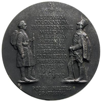 Legioniści w hołdzie dla arcyksiężnej Izabelli, medal sygnowany K. Chodziński 1916, Aw: Popiersie w lewo i napis ARCHIDUCISSA ISABELLA DE PRINCIPIBUS CROY FRIDERICI COPIARUM OMNIUM AUSTRIAE ET HUNGARIAE DUCIS SUPREMI CONIUX INCLITISSIMA, Rw: Postacie dwóch legionistów i napis LEGIONUM POLONIARUM....., u góry mały orzełek i daty 1914 - 1916, cynk 70 mm, Strzałkowski 349, medal wybity w Wiedniu w nakładzie ok. 1.000 egzemplarzy