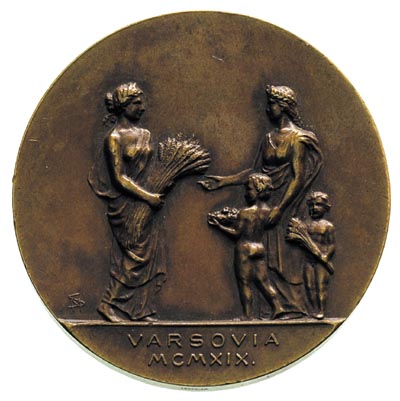 Dostawa zboża z Ameryki dla Warszawy, medal sygn. M.S. (Marian Sługocki), Aw: Dwie postacie kobiece