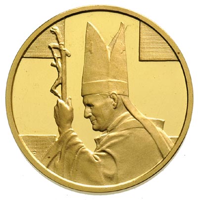 Jan Paweł II, medal 1987 r., Aw: Popiersie papieża z krzyżem w lewej ręce w lewo, Rw: Herb Watykanu i napisy JAN PAWEŁ II - PAPIEŻ POLAK - 1987, złoto 15.50 g, 27 mm, stempel lustrzany, bardzo rzadki