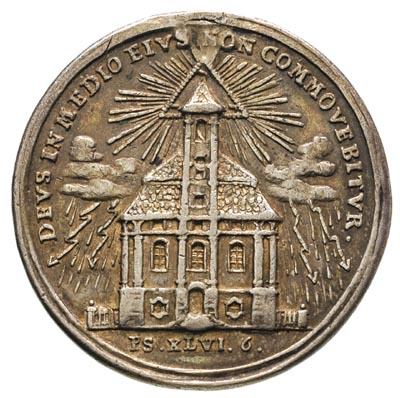 Wrocław, medal na otwarcie kościoła parafialnego po odbudowie 1750 r., Aw: Widok kościóła, wokół burza z piorunami, Rw: Napis w poziomie INAVGVRATIO TEMPLI PAROCHIAL. REFORM. VRATISLAVIENS. A. MDCCL. D.27. SEPT., na dole sygn. K., srebro 12.22 g, 34 mm, F.u.S. 4339, ślad po zawieszce